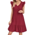 thumbnail image 2 of ClodeEU Women's Flowy Cute Ruffle Cap Sleeve V Neck Babydoll Dresses,Swing Mini Dress Sundress Wine,Womens Plus L, 2 of 5