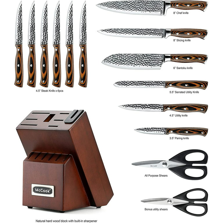 Knife Set,15 Pcs Kitchen Knife Set With Block, McCook German Stainless  Steel With Scissors, Built-in Sharpener Sharpener and 6 serrated steak  knives