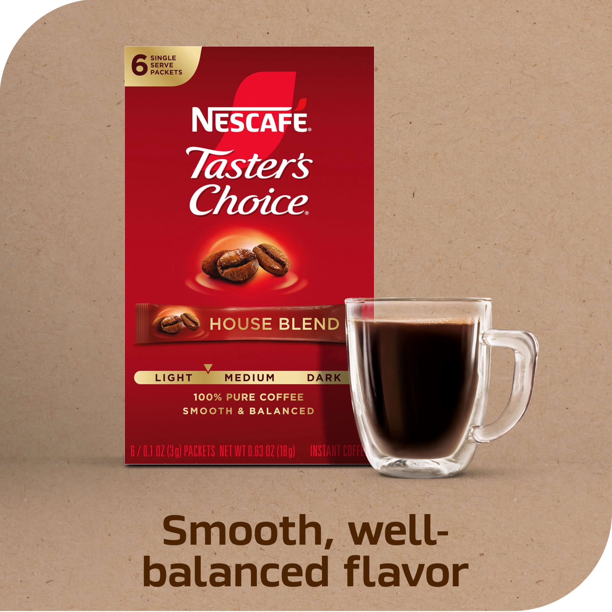 (12 pack) NESCAFÉ Taster's Choice House Blend, Light Medium Roast Instant Coffee, 1 Box, 6 Packets