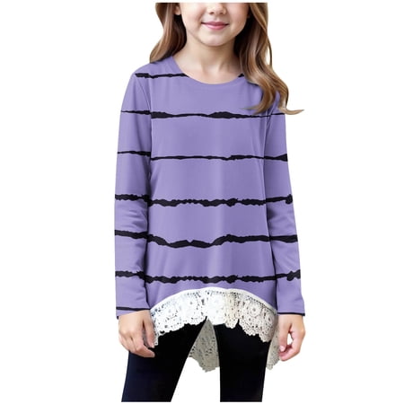 DxhmoneyHX Girls Long Sleeve Shirts Fall Fashion Lace Trim Striped Shirt Soft Comfy Pullover Sweatshirts Casual Loose Lightweight Tunic Tops Size 12-13Years
