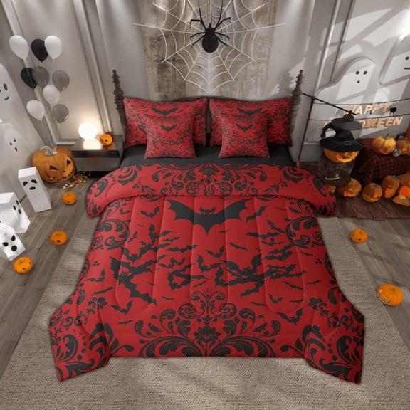 Halloween Bat Bedding Set Twin Size,Red Black Gothic Comforter Set 7 Piece For Teen Men Room Decor Goth Damask Bats Bed In A Bag With Sheets Halloween Animal Bed Set