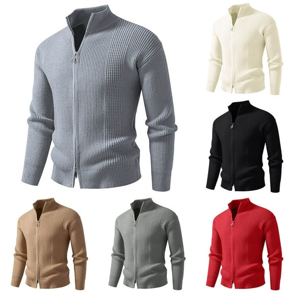 Miluxas Mens Zip Up Cardigan Sweater Slim Fit Casual Full Zip Sweaters Knit Stand Collar Cardigans Red XL(XL)