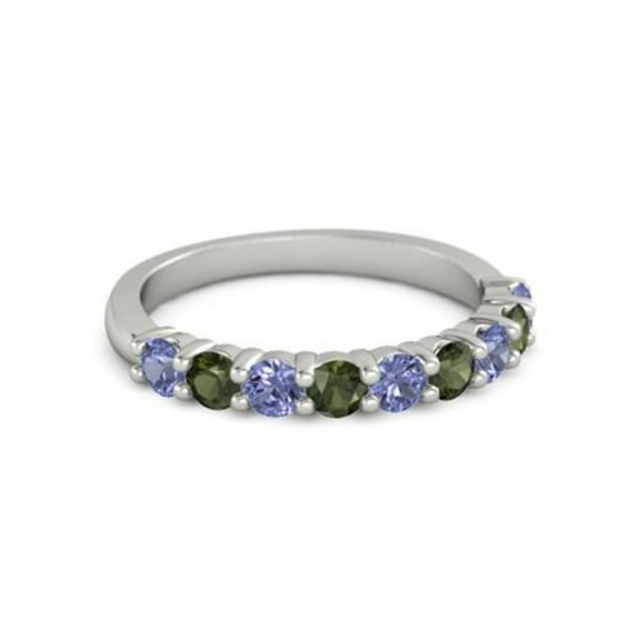 925 Sterling Silver Round 2.50 MM Tanzanite Green Apatite Eternity Women Ring Size US- 4