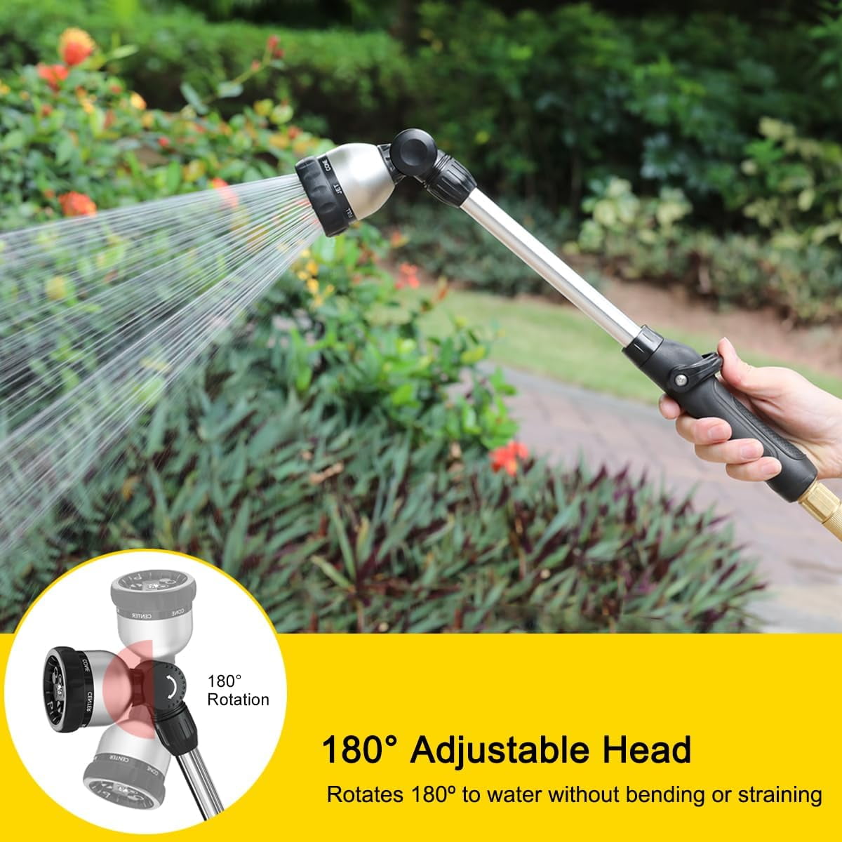 FANHAO Garden Hose Wand 16 inches, Metal Watering Wand with 8 Spray Patterns, 180° Rotating Nozzle