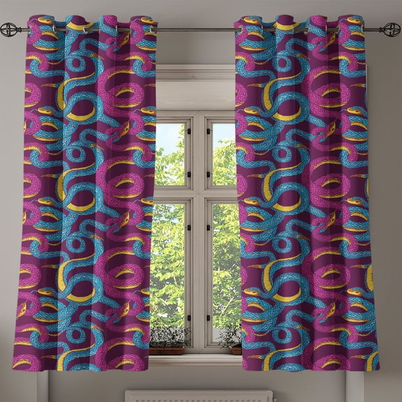 Ambesonne Animal Grommet Curtain, Hand Drawn Art Snakes, 50" x 54", Plum Blue Yellow
