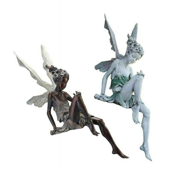 MesaSe Statue de Jardin Extérieure 2x 15x6 cm Pelouse Cour Sculpture de Fée Bords de Fontaine Figurine de Fées Assises Décoration Cour Arrière Rebord