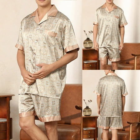 

Ovzne Men Solid Casual Button Closure Print Short-sleeve Pajama Shorts Set With Pockets