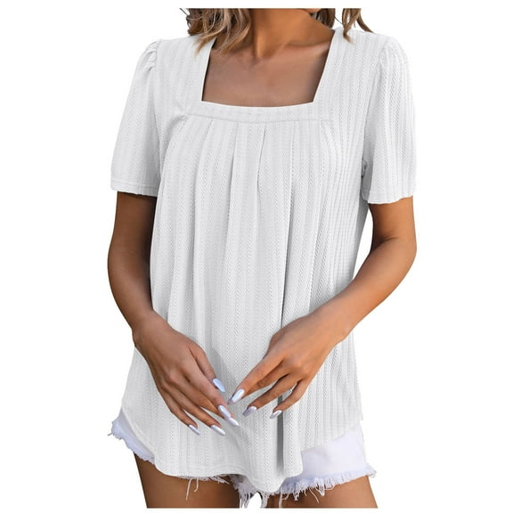Besolor Summer Tops for Women Square Neck Short Sleeve Going out Shirts Casual Pleated Solid Color Tunic Blouses Ladies Clothes