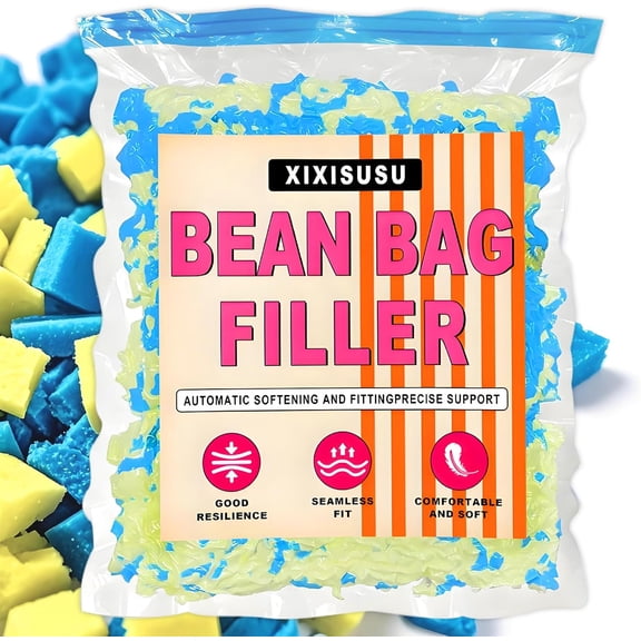 Bean Bag Filler Refill - 1LB Premium White Shredded Memory Foam Stuffing | Compatible with Bean Bag Chairs | Soft, Supportive & Odor-Free Filling for Dolls, Pet Beds and Pillows (Blue&Yellow)