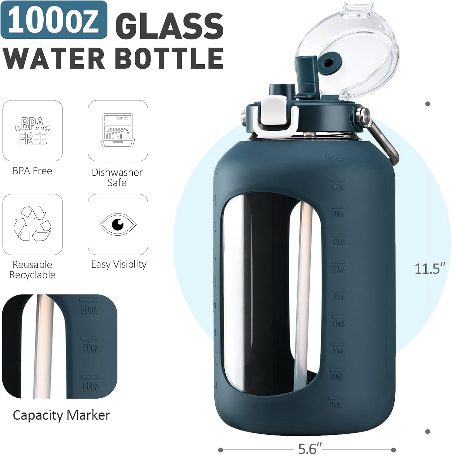 84oz Water Bottle Glass with Stainless Steel Handle Large 2.5l Water Bottle with Time Markers and Silicone Sleeve Half Gallon Water Jug BPA Free for Gym Daily Use