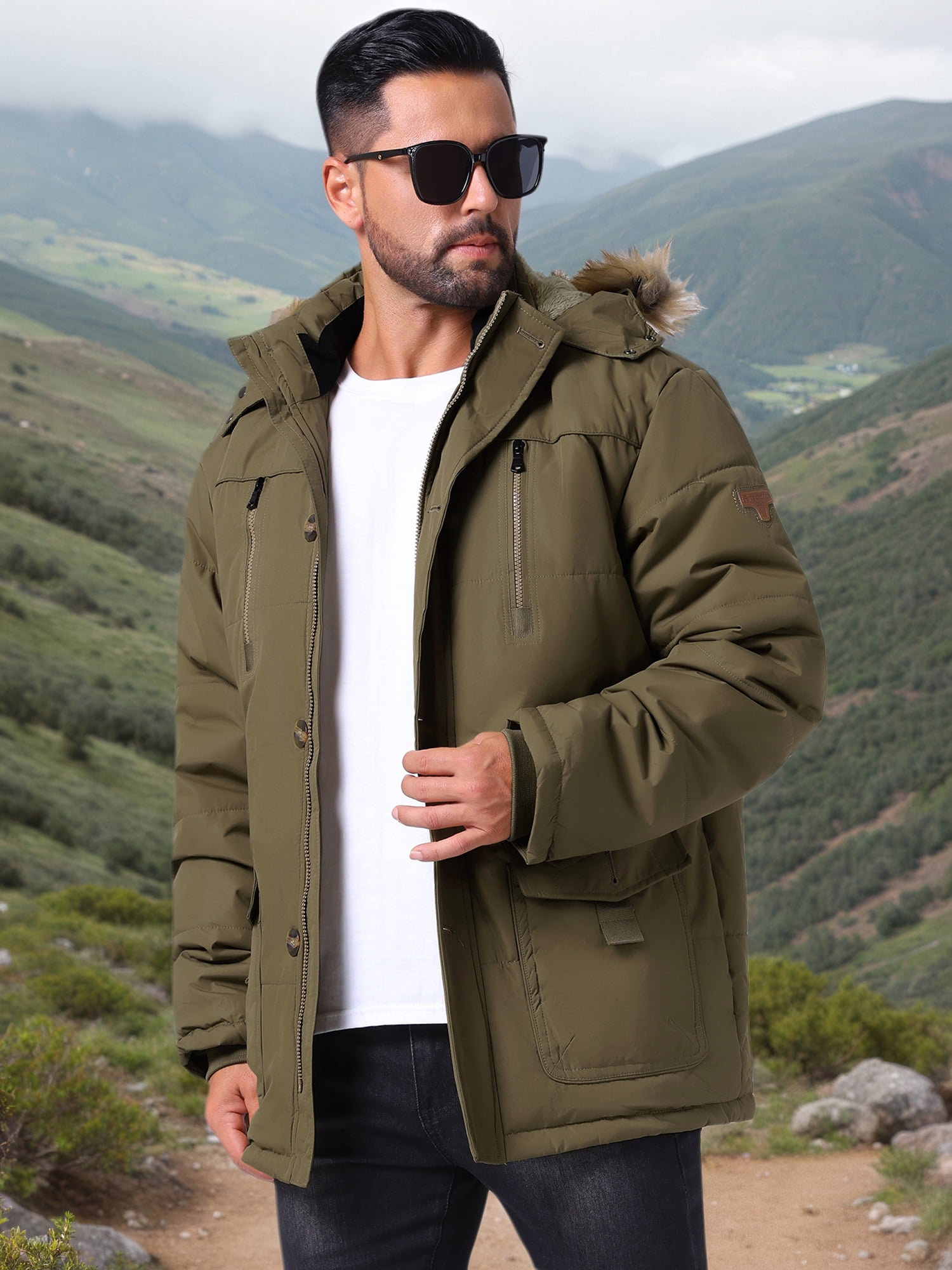 DARING DIVA Men's Winter Warm Coat Fleece Lined Thicken Hooded Parka Jacket XL Dark Green