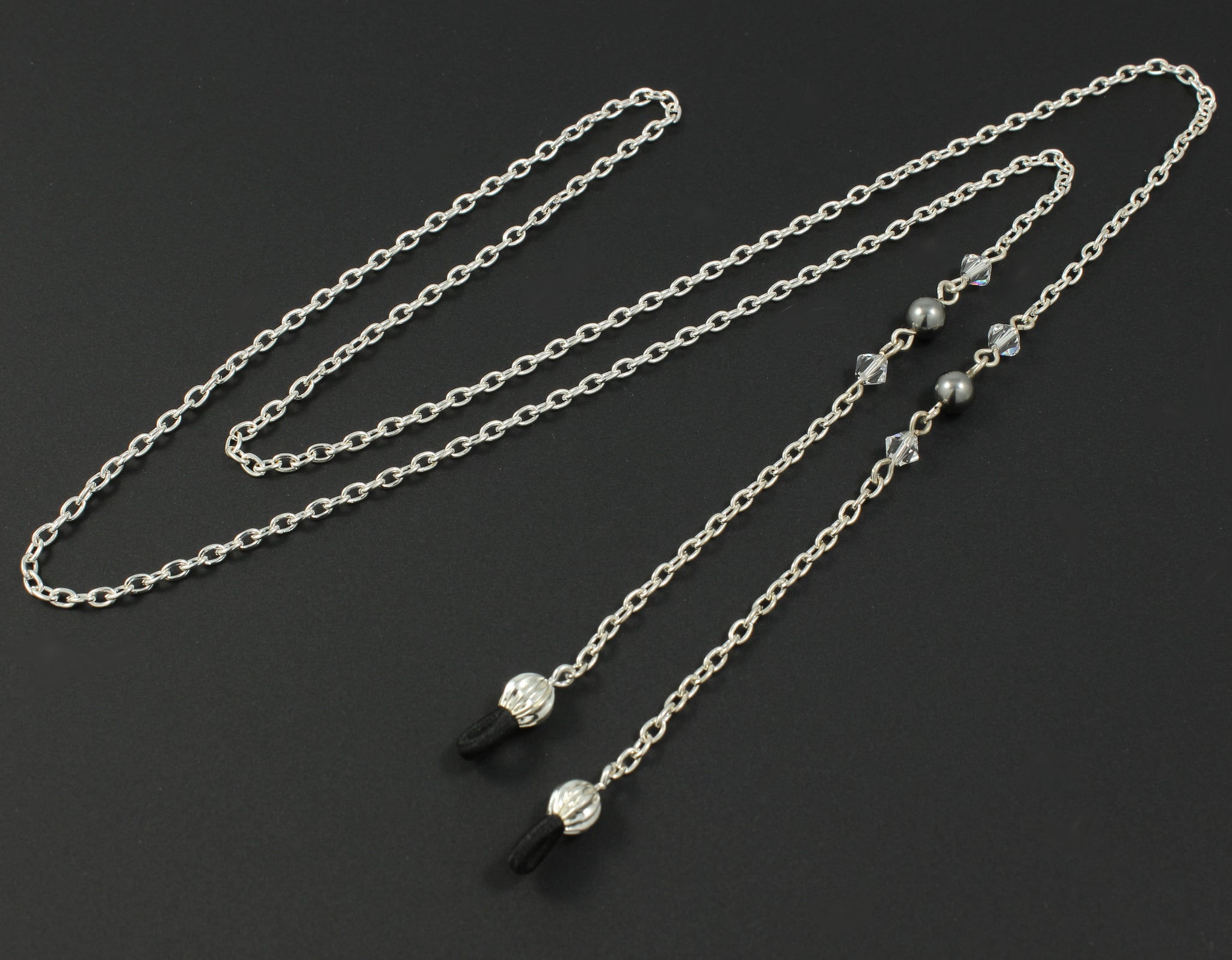 Womens Eye Glasses Chain with Gray Pearls and Swarovski Crystals on Silver Plated Chain Fits