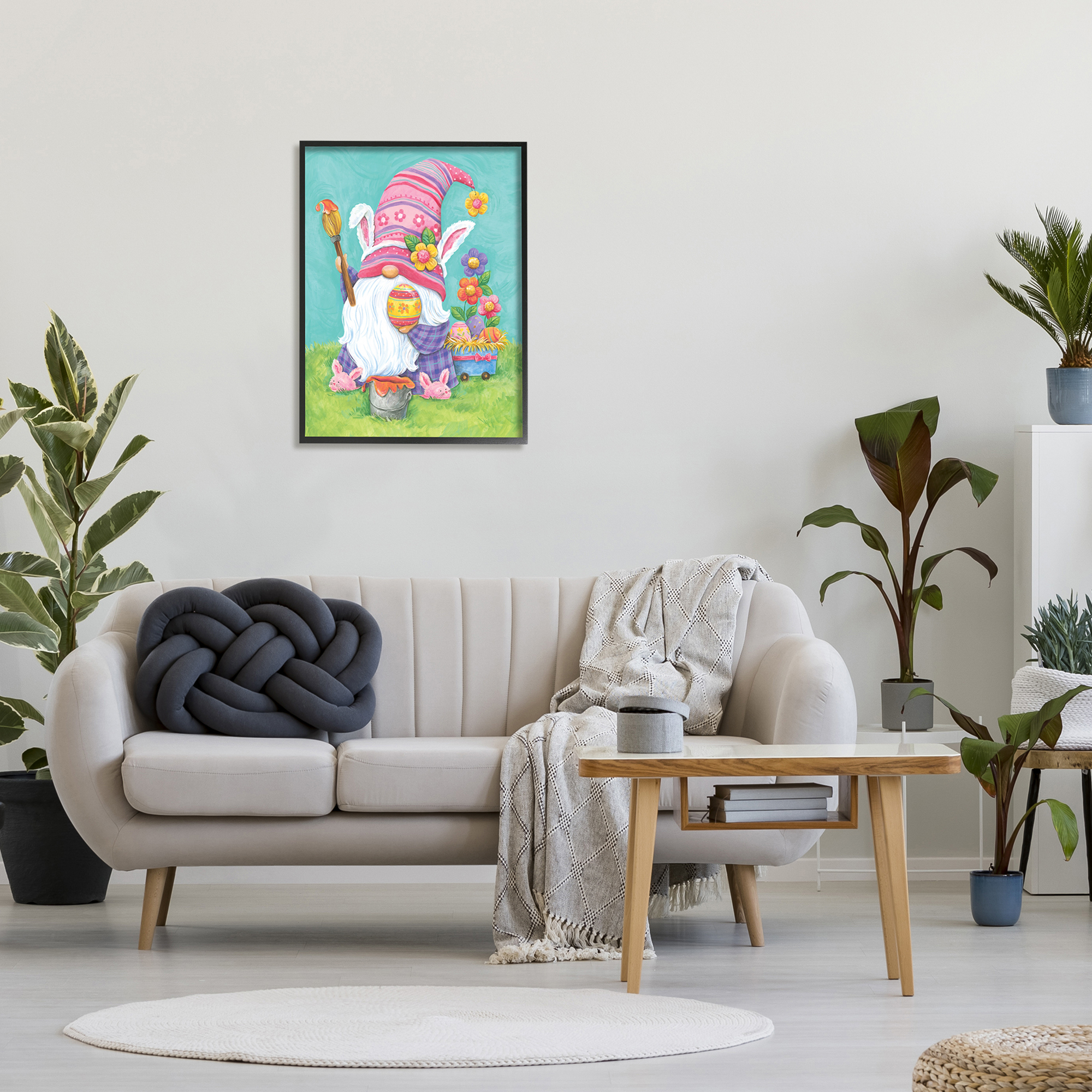 Whimsical Gnome Painting Easter Eggs Festive Flowers Fairy Tales & Fantasy Graphic Art Framed Art Print Wall Art