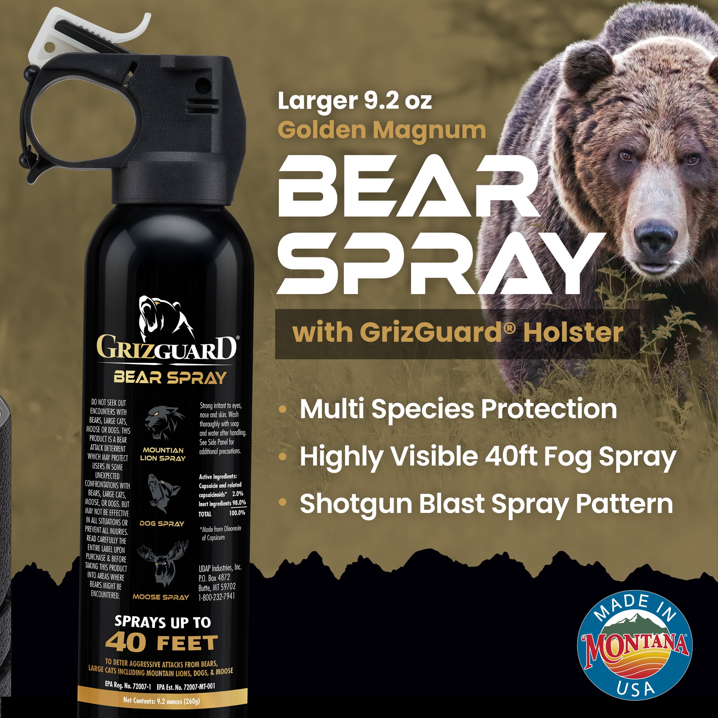 Griz Guard 260GG2 Bear Spray 2 Pack with Holster — 40 ft Range, Maximum Strength EPA-Registered Defense for Bears, Mountain Lions, Coyotes, Dogs & Moose — 9.2 oz Outdoor Hiking & Camping Protection