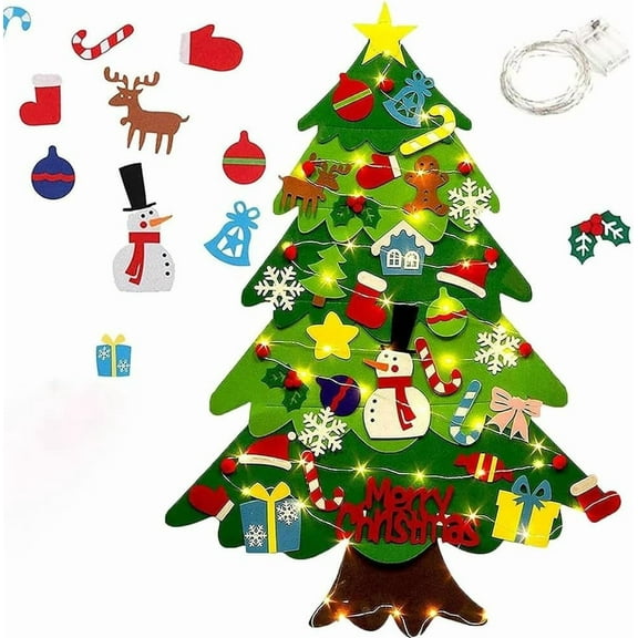 Felt Christmas Tree, Montessori Style DIY Felt Christmas Tree for Toddlers with Detachable Ornaments and LED Lights, Includes 33 Holiday Decorations, Kids Christmas Gift & Party Decor(1PC)