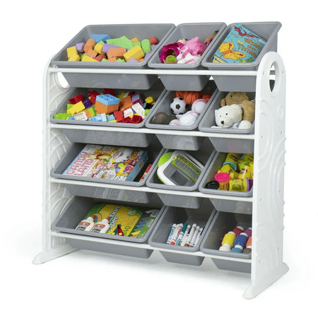 

Children Plastic and Metal Toy Storage Racks with 12 Storage Bins Gray and White