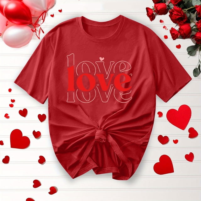 TIMIFIS T-Shirts à Manches Courtes pour Femmes, T-Shirt Imprimé Cœur de la Saint-Valentin, T-Shirt Décontracté d'Été à Col Rond