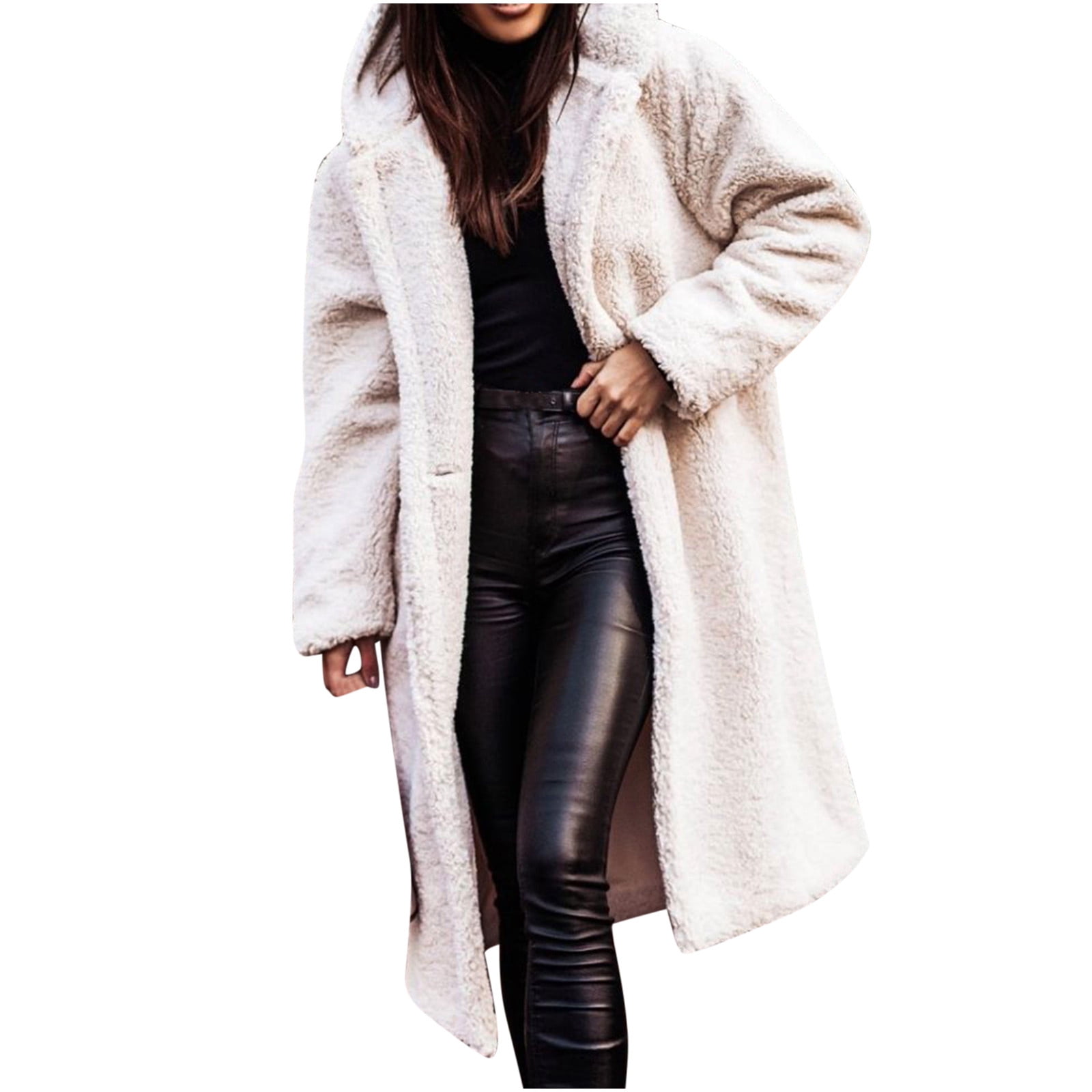 jsaierl Women's 2025 Winter Coats Fuzzy Fleece Long Hooded Jackets Button Down Faux Fur Warm Outwear with Pockets