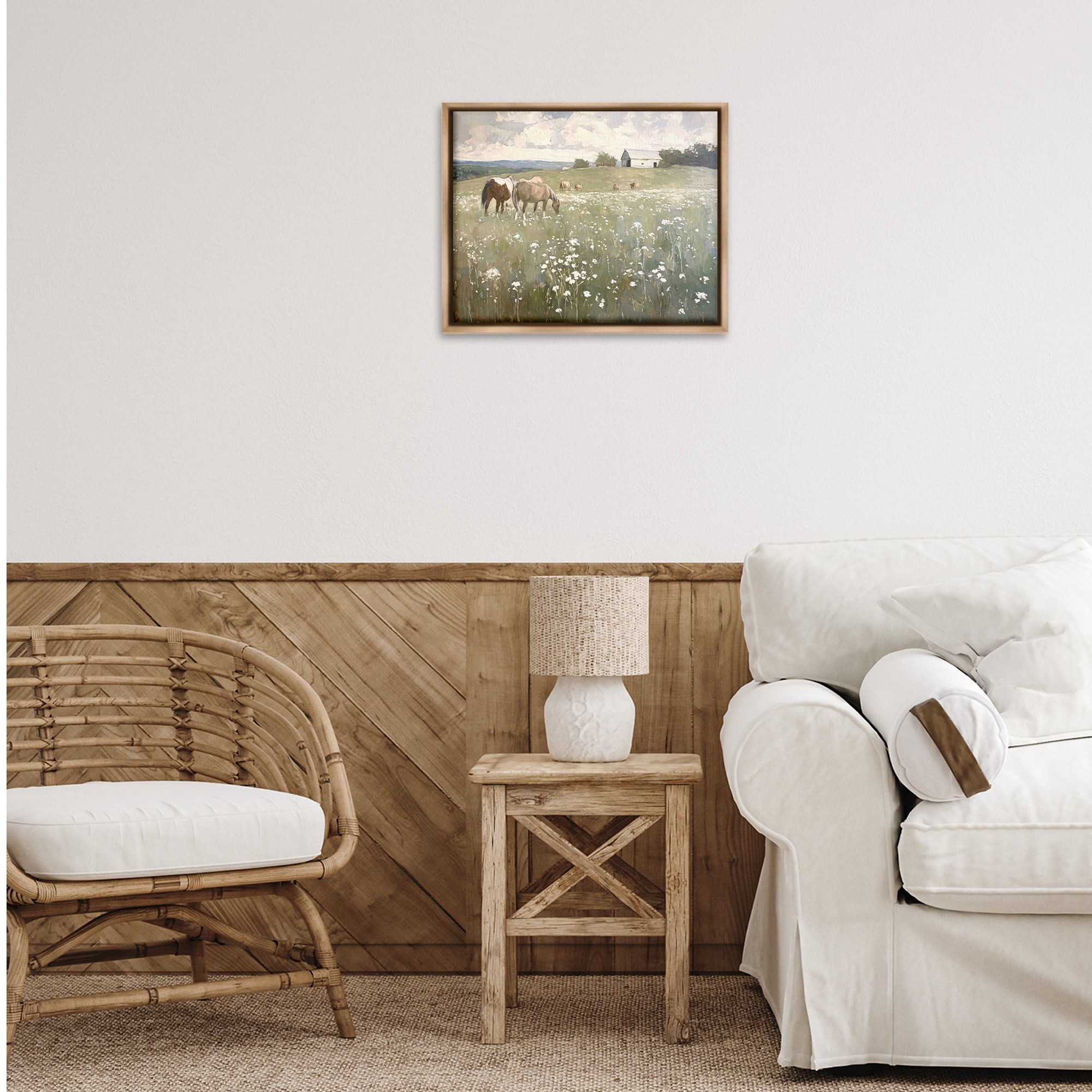 Stupell Industries Horses in Pasture Landscape Painting Brown Floater Framed Canvas Art Print Wall Art, 21 x 17