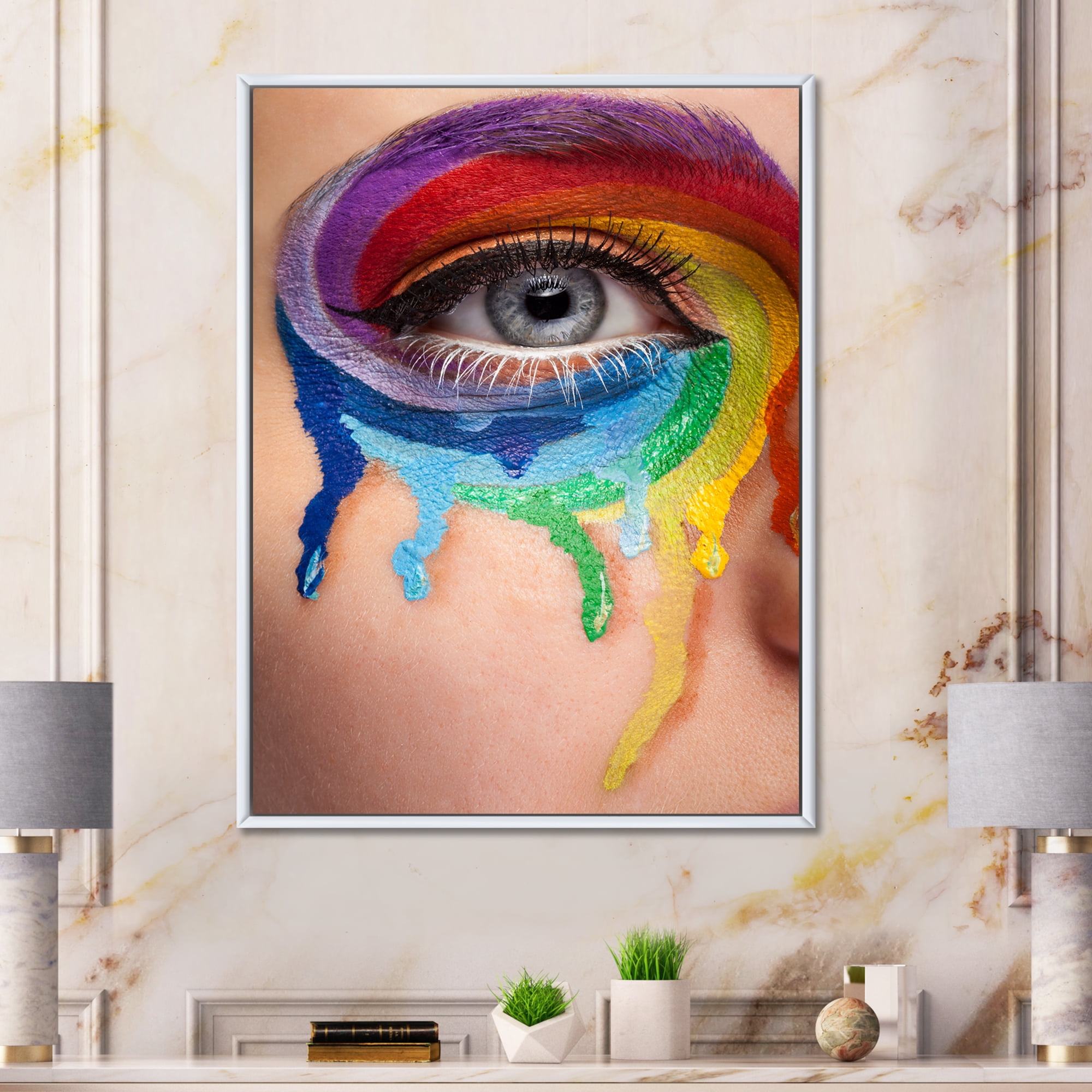 Close Up Eye With Colourful Cry In A Wheel Arround 12 in x 20 in Framed Photography Canvas Art Print, by Designart