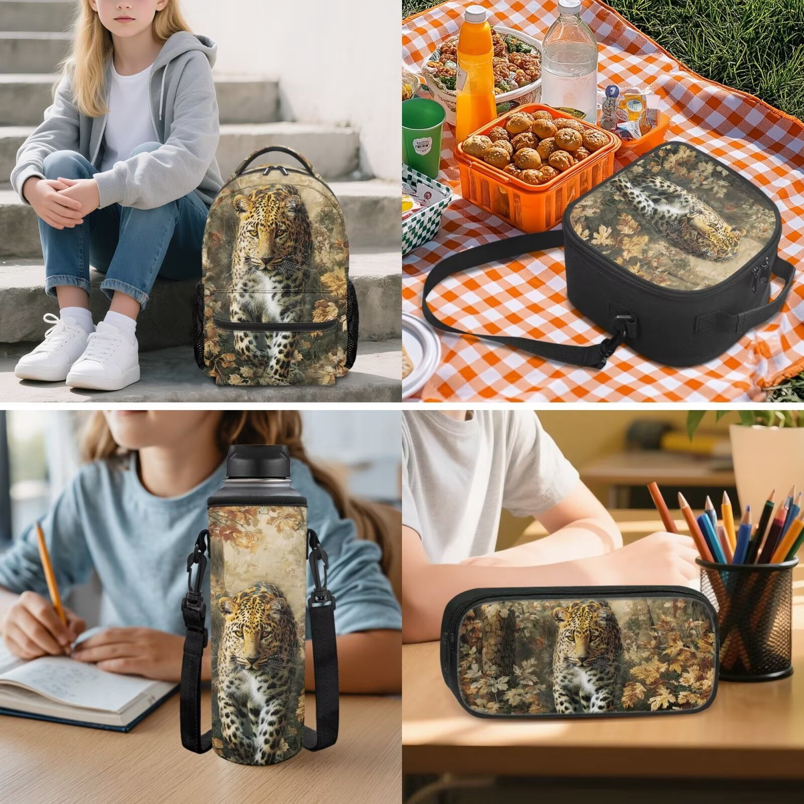 Pzuqiu Cute Leopard Print Kids Backpack and Lunch Box Set 5 Piece Large Lightweight School Bag Set with Pencil Case Water Bottle Bag for Elementary Boys Girls Daily School Use