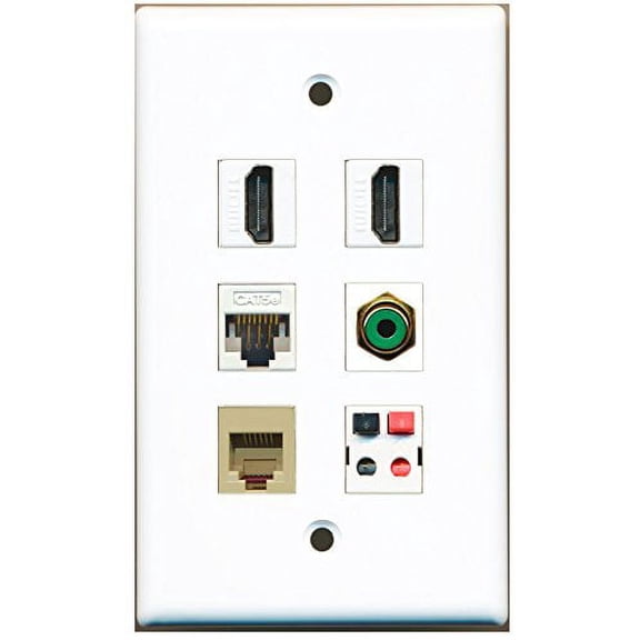 RiteAV - 2 HDMI 1 Port RCA Green 1 Port Phone RJ11 RJ12 Beige 1 Port Cat5e Ethernet White 1 Port Speaker Wall Plate