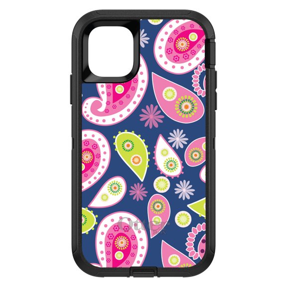 DistinctInk OtterBox Defender Custom Case for Apple iPhone 15 (6.1" Screen) - Pink Green Navy Paisley - Raised Bezel Screen Guard