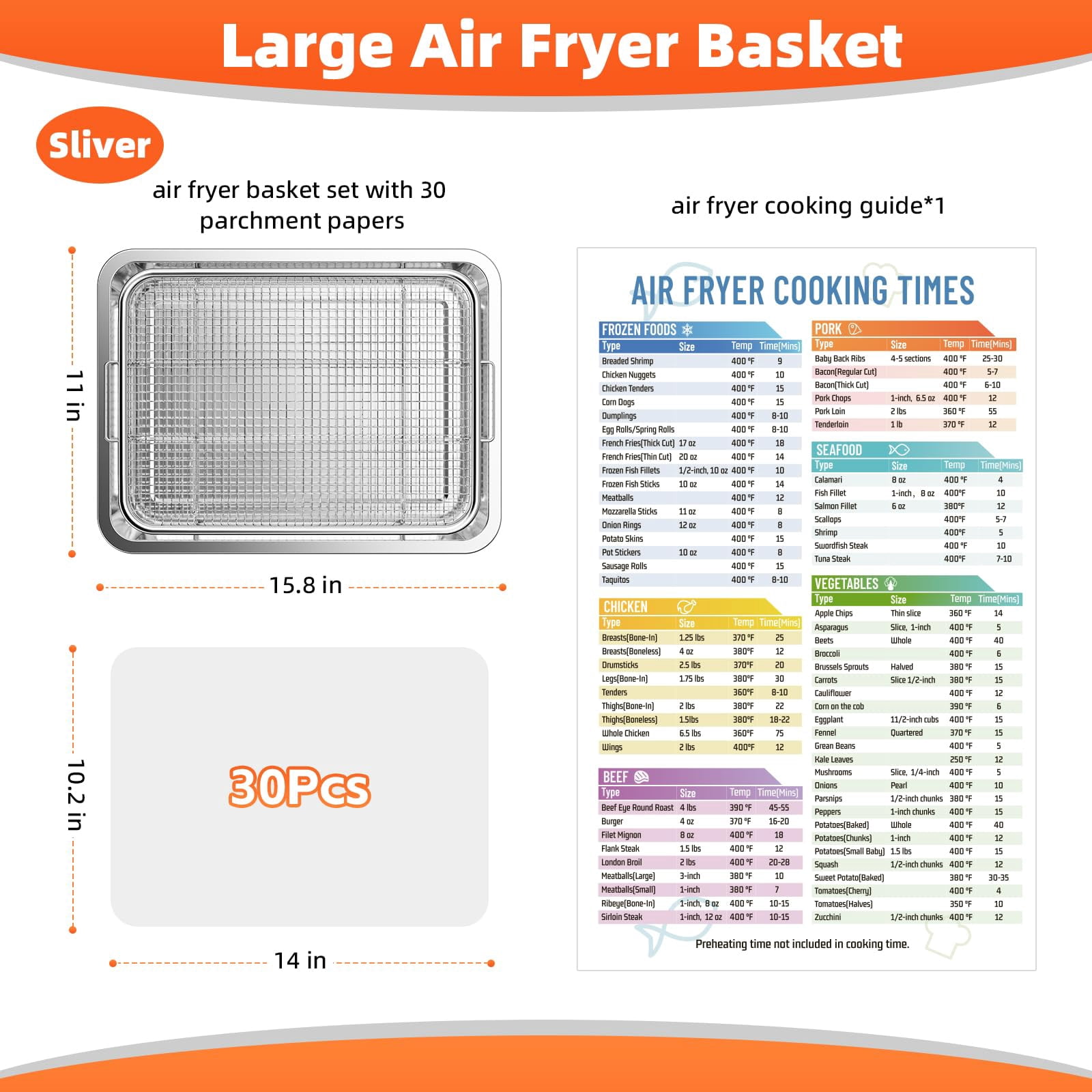 Air Fryer Basket for Oven,Oven Air Fryer Basket and Tray with 30 PCS Parchment Papers,2 Set Stainless Steel Air Fryer Pan and Crisper Tray for Baking Grilling Silver(15.6 x 11.6 inch)