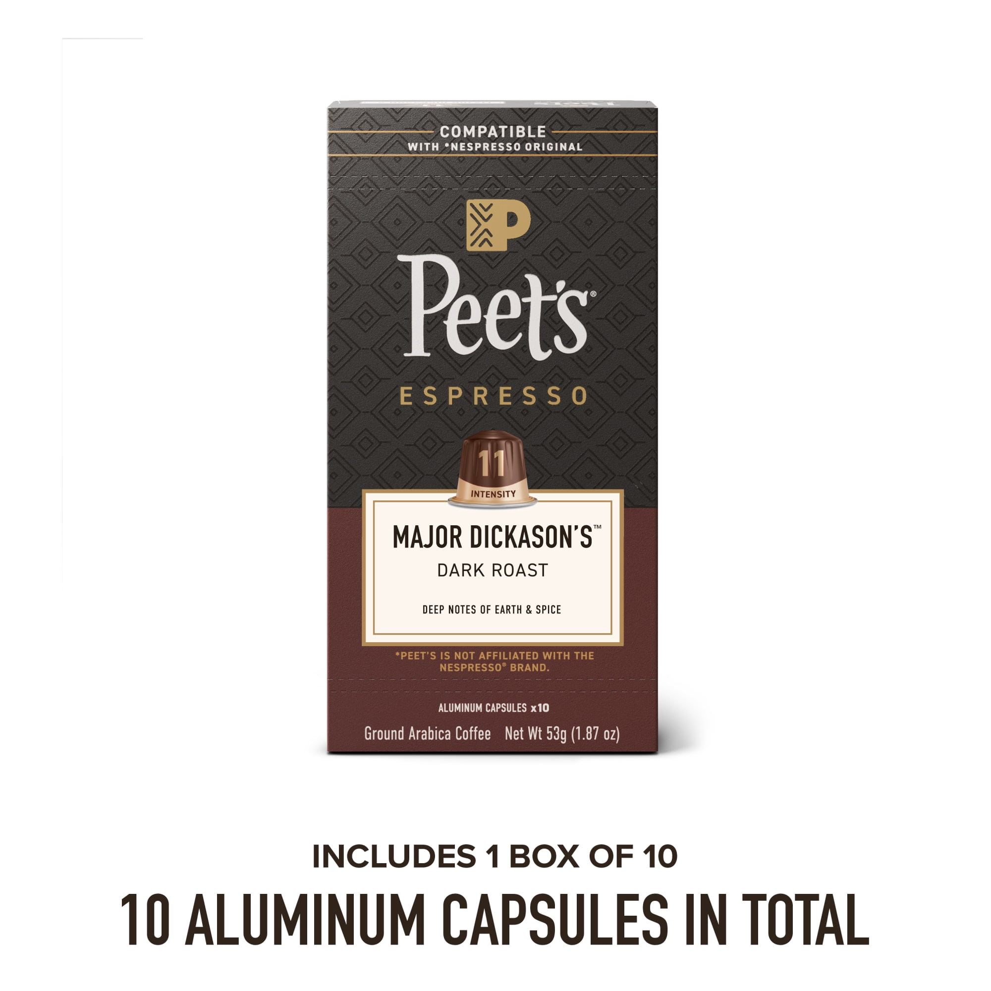 Peet's Coffee Major Dickason's Premium Dark Roast Espresso Coffee Pods, 10 Count