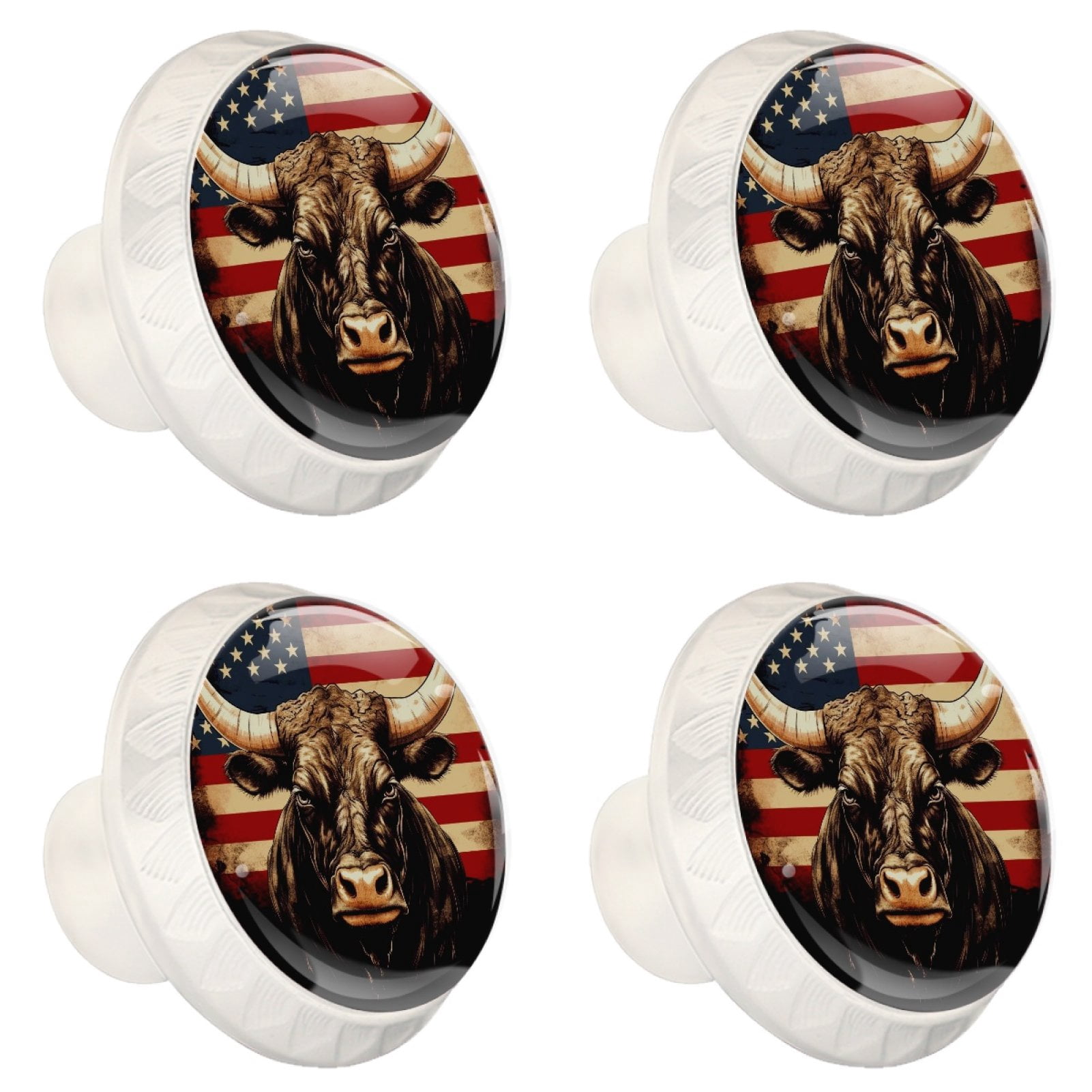 4 Pcs Cow American Flag Knobs for Kitchen Cabinet Cupboard Dresser Bookcase Drawer Pulls Handles Round Home Decor