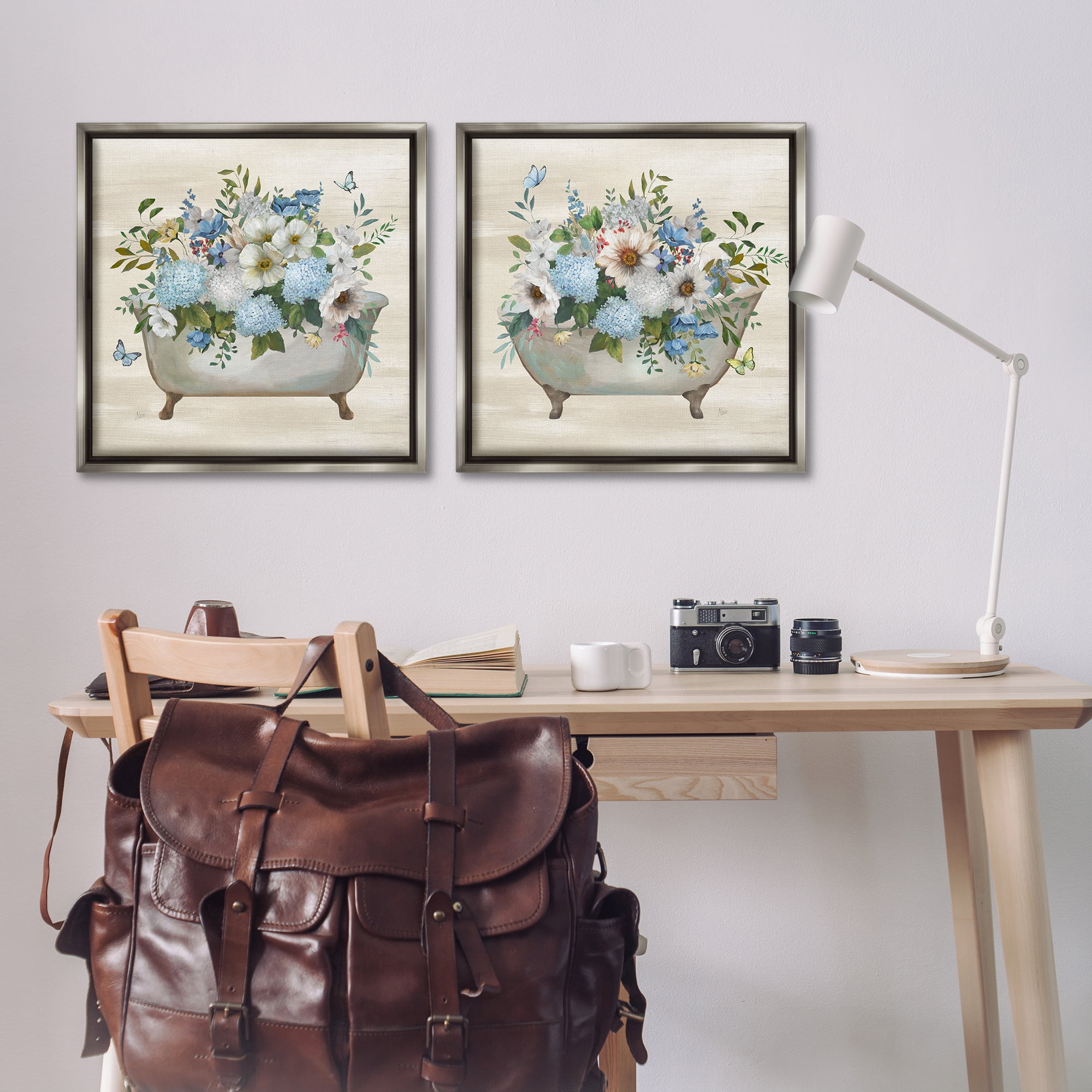 Stupell Industries Butterfly Hydrangea Bathtub Bath & Laundry Painting Gray Floater Framed Canvas Art Print Wall Art, 25 x 25, Set of 2