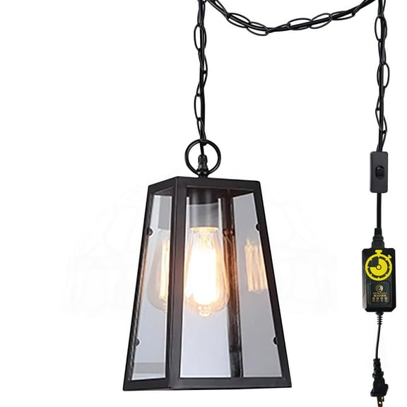 Kiven Plug in Pendant Light, Farmhouse Hanging Light Fixture with Timer and Iron Glass Lampshade and Iron Chain, E26 Socket Pendant Light for Hallway Kitchen Bedroom(TB3149)