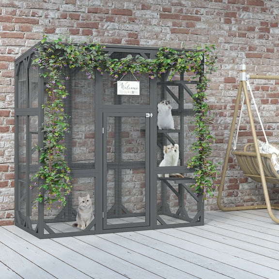 ZephyPaws 60''H Catio Outdoor Cat Enclosure, Large Cat House with Anti-UV & Waterproof Roof, Wooden Cat Cage Feral Cat Shelter for 2-6 Cats with 6 Platforms, Large Enter Door