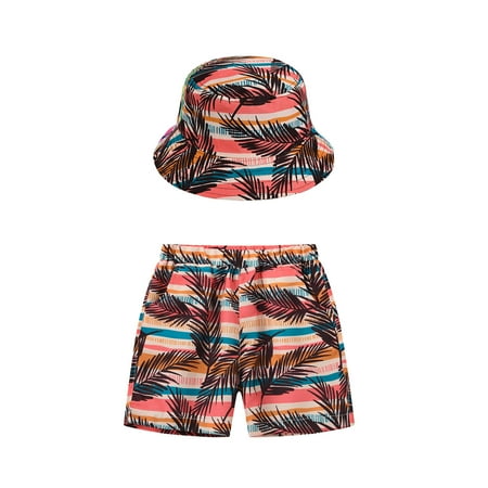 XQYLOS Boys Beach Vacation Swim Trunks Prints Beach Kids Girls Bathing Suit Toddler Swim Shorts Boys Swimming Pull On Trunks Swimsuit Boys Swimwear Hats Set