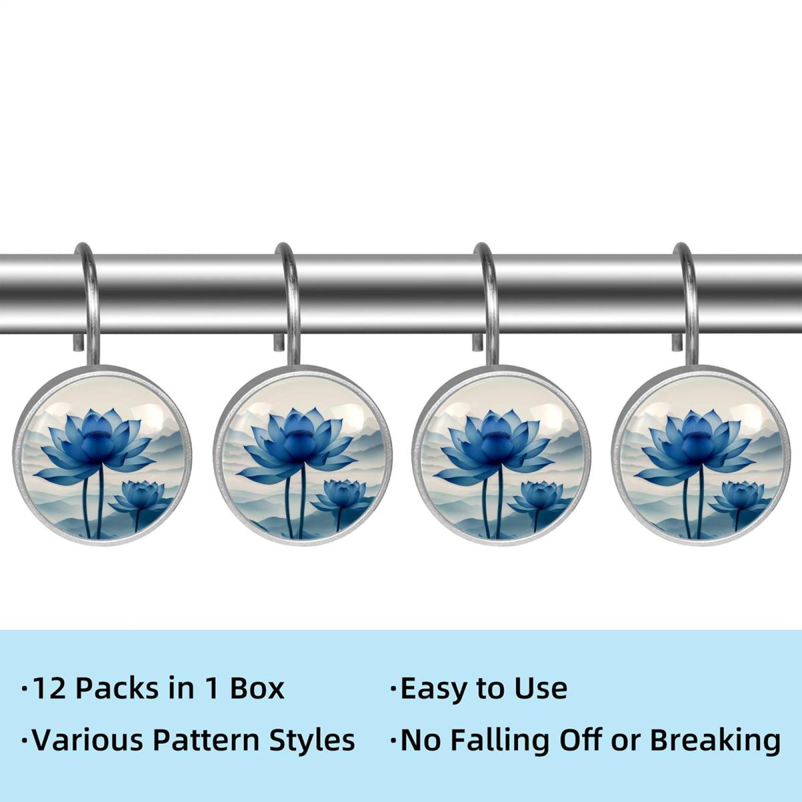Imobaby 12 Pcs Metal Shower Curtain Hooks Rust Proof for Shower Curtain Liner - Landscape Ink Blue Lotus