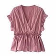 thumbnail image 3 of Camisa de mujer Cuello en V Manga corta Blusa de rayas con volantes Top casual, Rosa, 3XL Jumpingount AP001462-17, 3 of 7