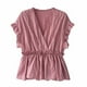 thumbnail image 3 of Camisa de mujer Cuello en V Manga corta Blusa de rayas con volantes Top casual, Rosa, XL Sweethay AP001462-15, 3 of 7