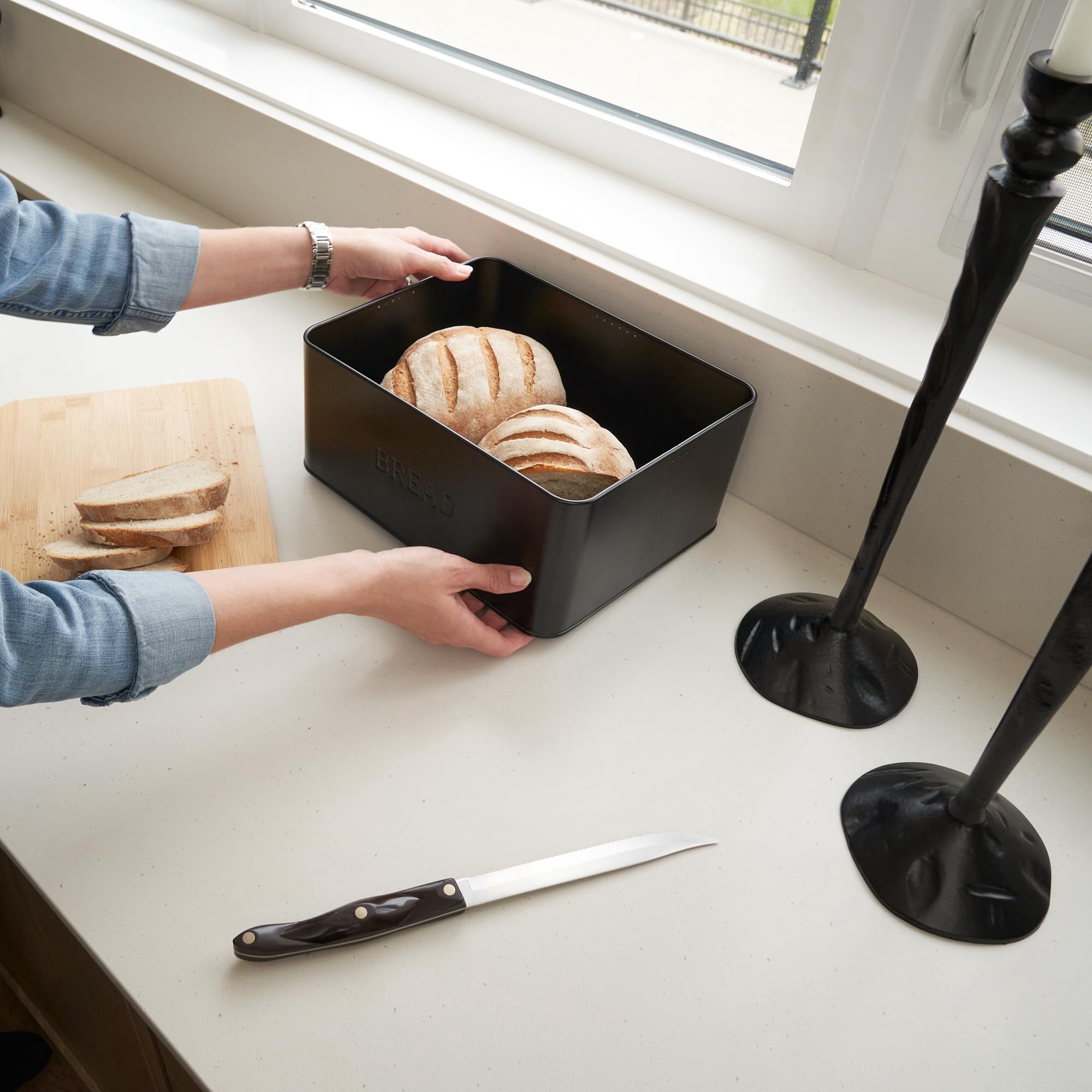 Stylish Bread Box with Wooden Lid for Kitchen Countertop, Spacious Storage Container for Homemade Bread Muffins Bagels, Premium Cutting Board Lid Keeps Bread Fresh