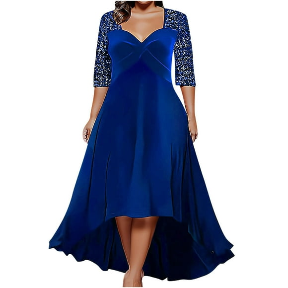 Meichang Womens Plus Size Velvet Dresses Tunic Comfy Lace 3/4 Length Sleeves Sundress Elegant Flared Swing Square Neck Dresses High Low Hem Wedding Guest Evening Dress, L-5XL