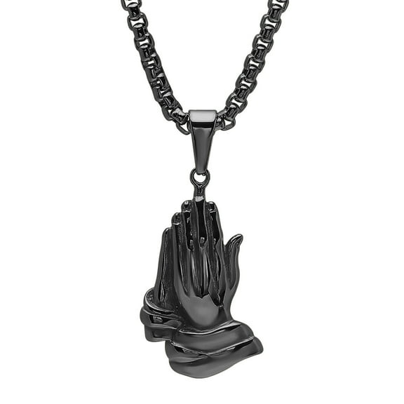 SteelTime Prayer Hands Stainless Steel Pendant Necklace with 24" Box Necklace Chain, Black
