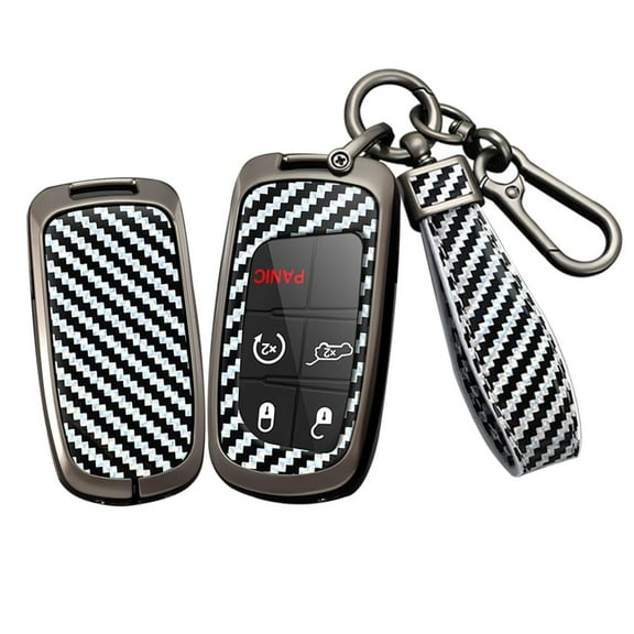 Carbon Fiber Pattern Red Smart Key Fob Cover Case Fit for Jeep Grand Cherokee Renegade for Chrysler 200 300 for Dodge RAM Durango Challenger Journey Keyless with Keychain