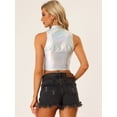 thumbnail image 3 of Top corto metálico para mujer Cuello falso Cremallera frontal Sin mangas Holográfico Sparkle Party Tops Plata XL, 3 of 6