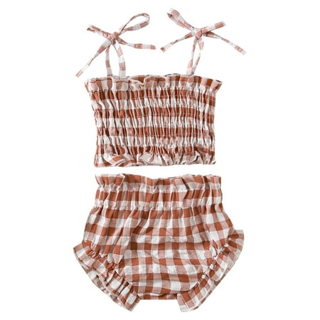

HIBRO Summer Toddler Girls Sleeveless Plaid Prints Tops Shorts Two Piece Outfits Set For Kids Clothes Babies Born Clothes Checke Top Girls