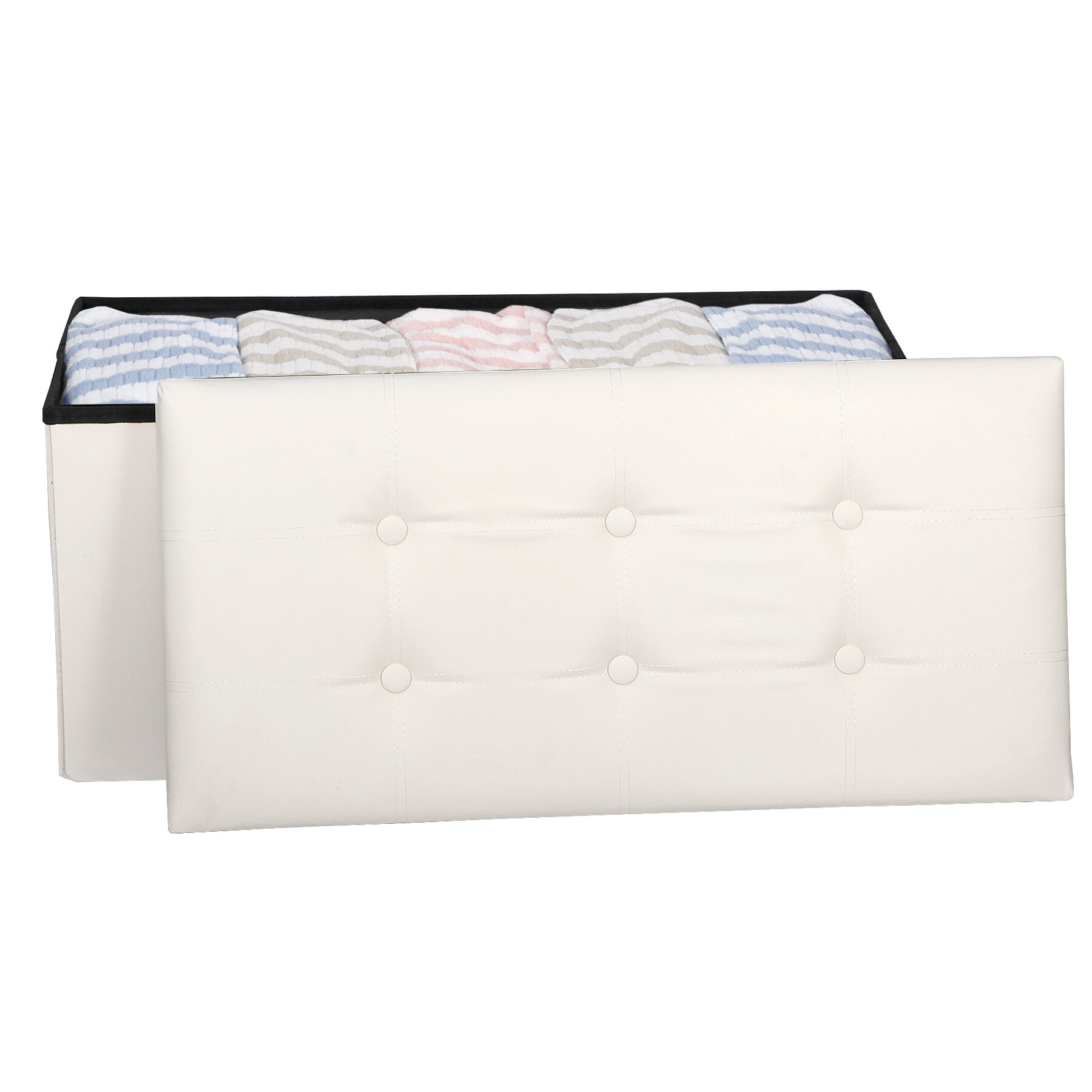 HomGarden 30'' Leather Storage Ottoman Bench Foldable Footrest Padded Seat 350lbs Beige