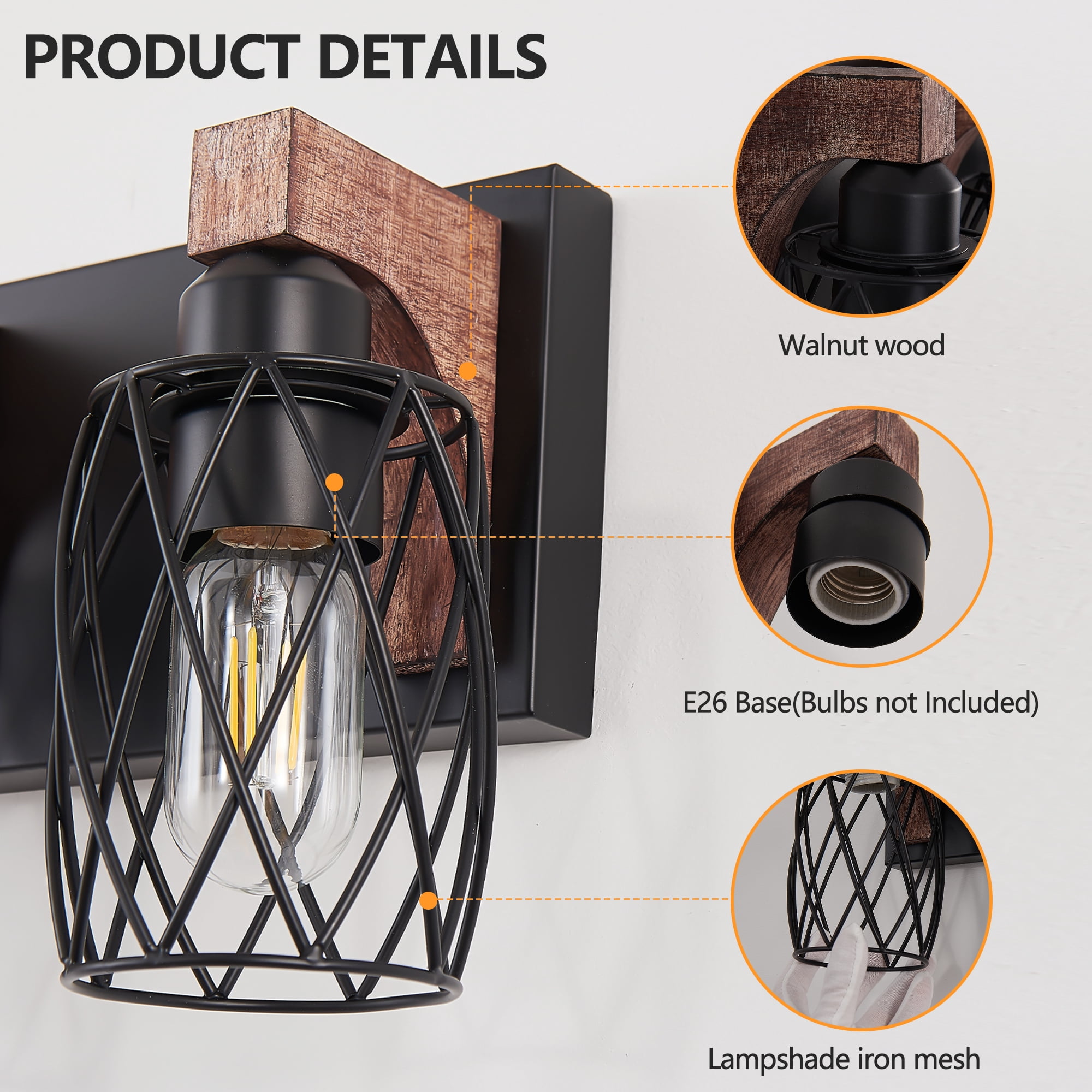 Miniyam 31 in. W 5 Lights Vanity Light Industrial Walnut Black Wall Sconce Black Cage Lighting Fixture for Bathroom Over Mirror, E26, No Bulbs Included