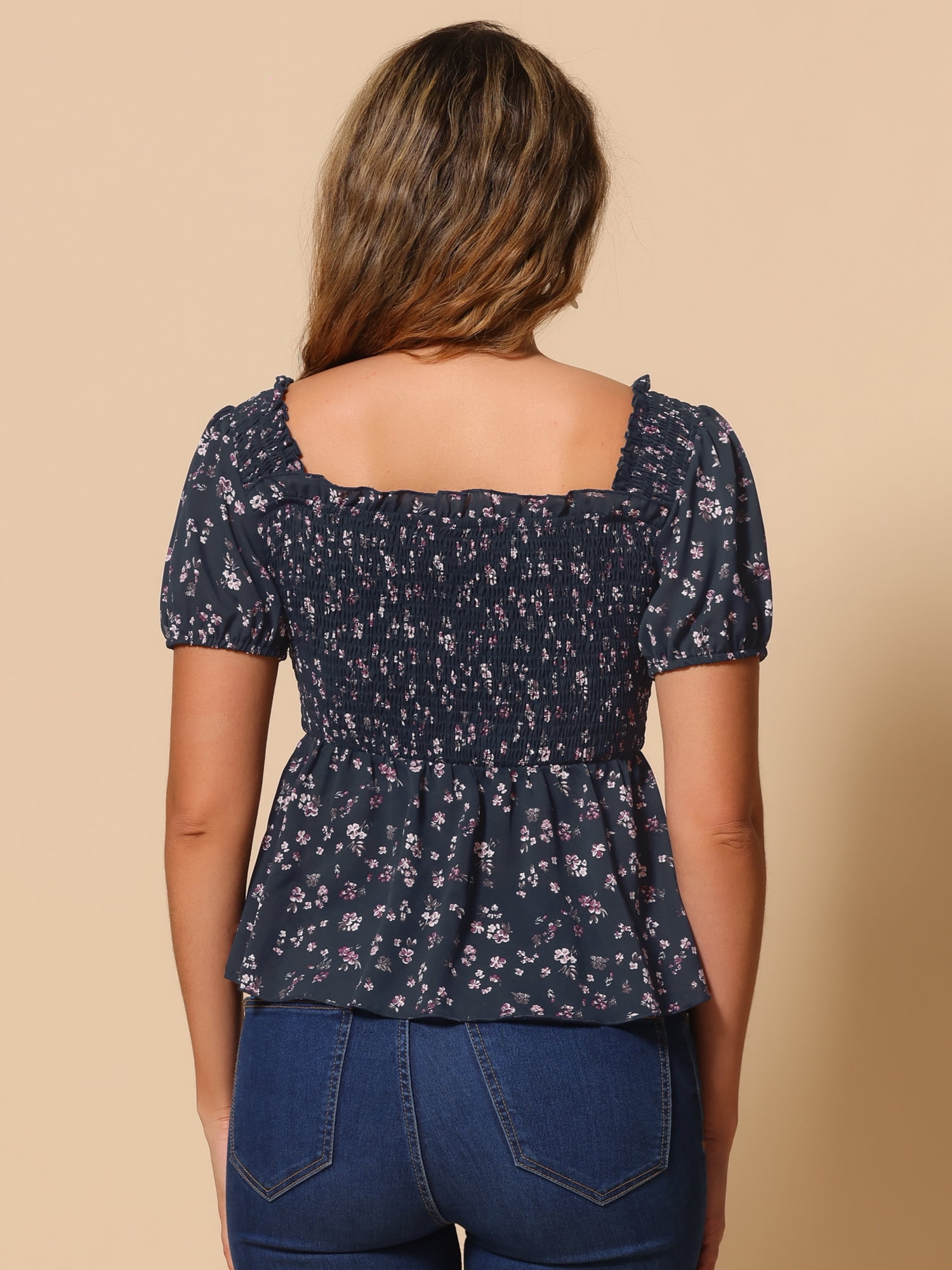 DARING DIVA Women's Floral Neck Ruffle Peasant Top Blouse XS Dark Blue