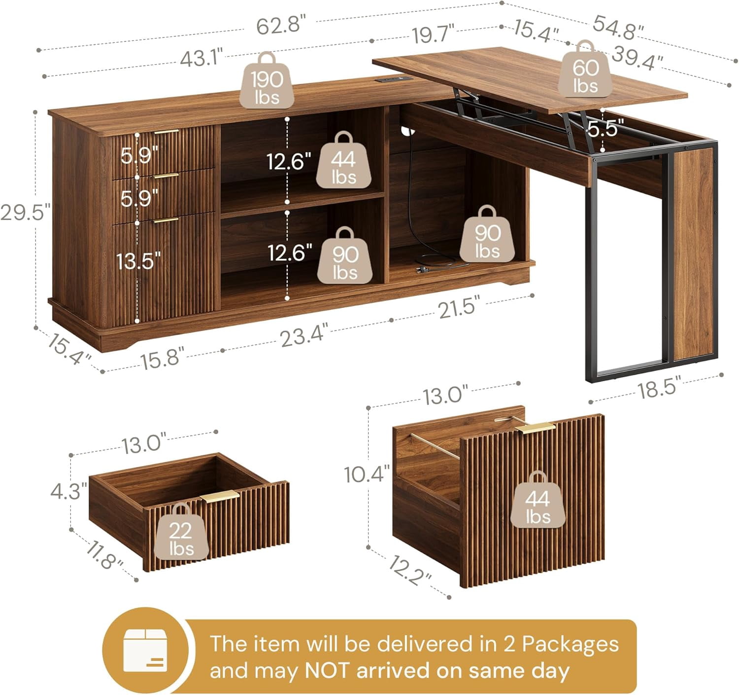 Vividwood 63" L Shaped Desk with Lift Top, Power Outlets, 3 Fluted Design Drawers, Storage Shelves, CPU Stand for Home Office (Light Walnut)