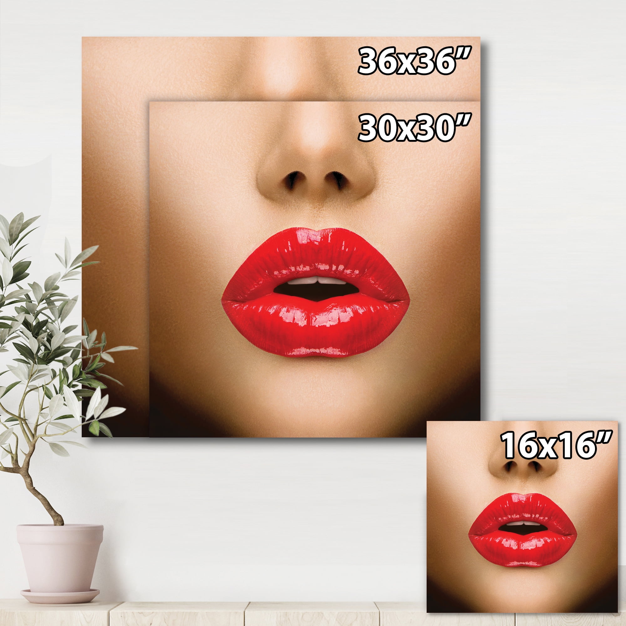 Designart ' Sexy Woman Lips Beautiful Make-Up Close-Up Kiss ' Modern Canvas Wall Art Print