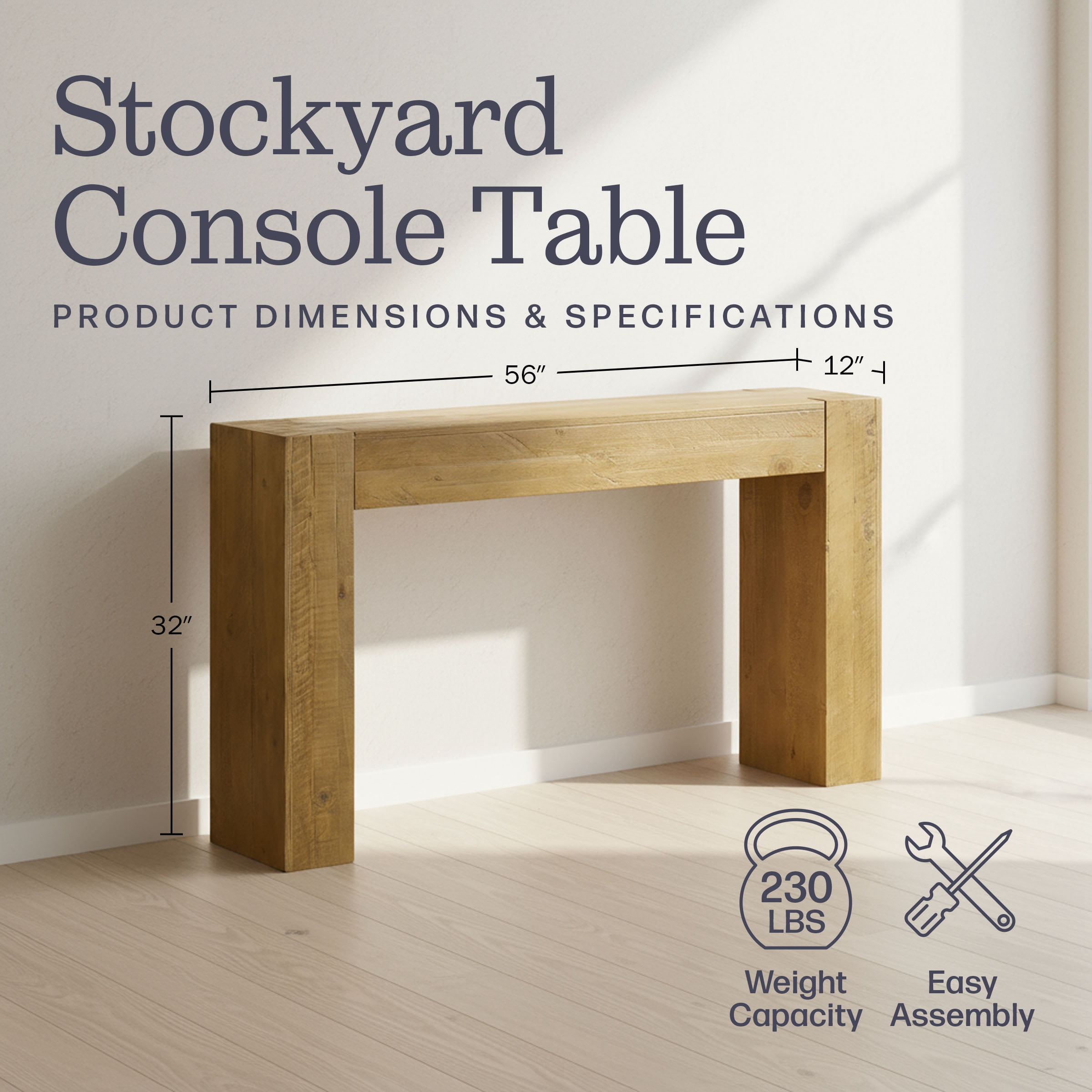 Alaterre Furniture Stockyard Solid Wood Console Table - 56in Modern Farmhouse Entryway Table, Oak