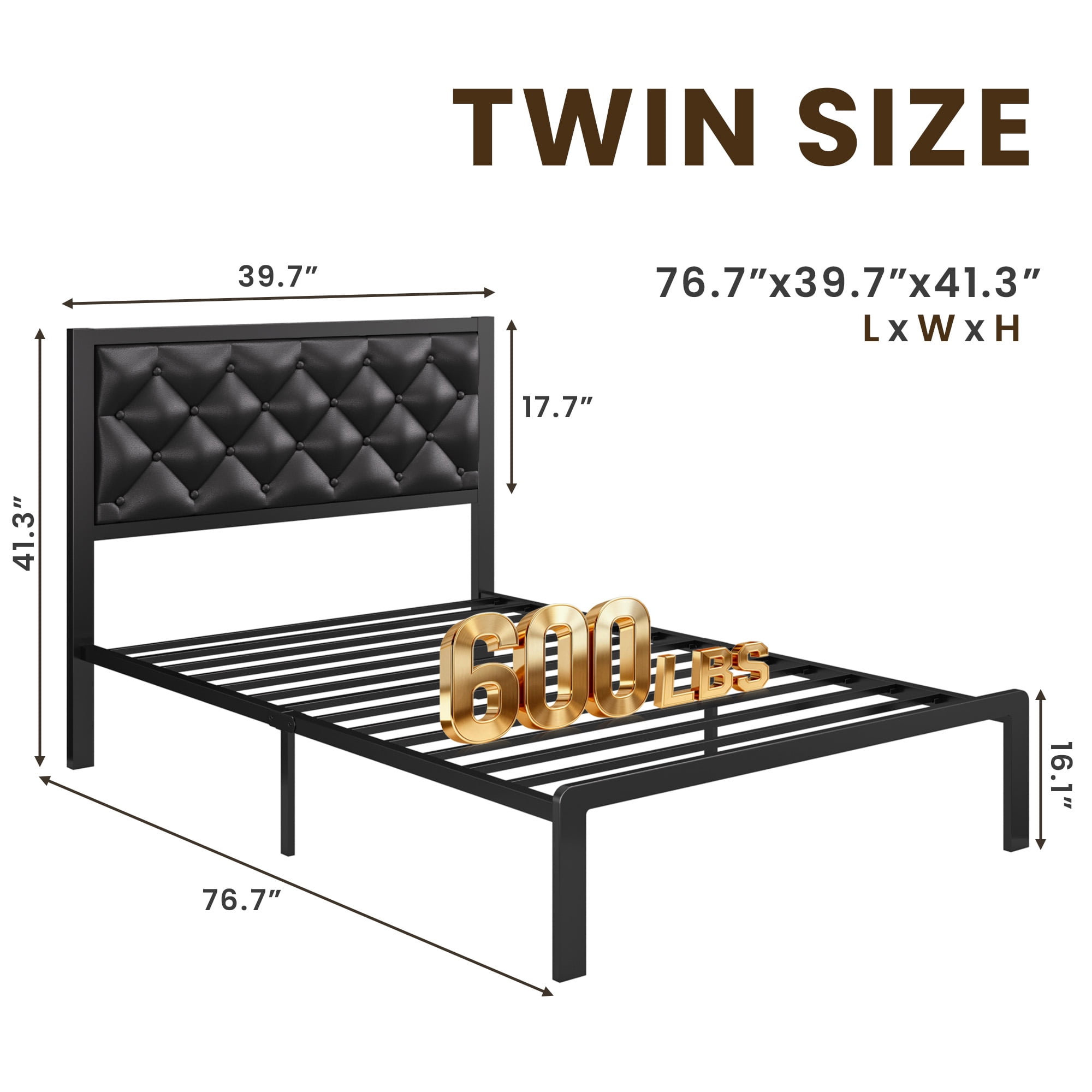 Lifezone Bed Frame with Headboard PU Leather Upholstered and All Metal Slats Support Platform, Twin